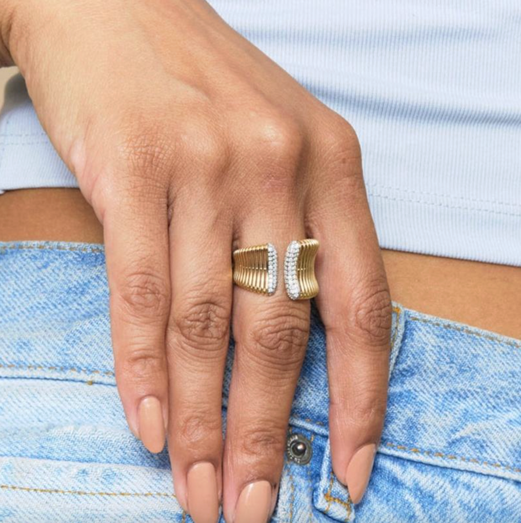 Brhyxa 18K Gold-Plated 925 Sterling Silver Ribbed Zircon Open Ring