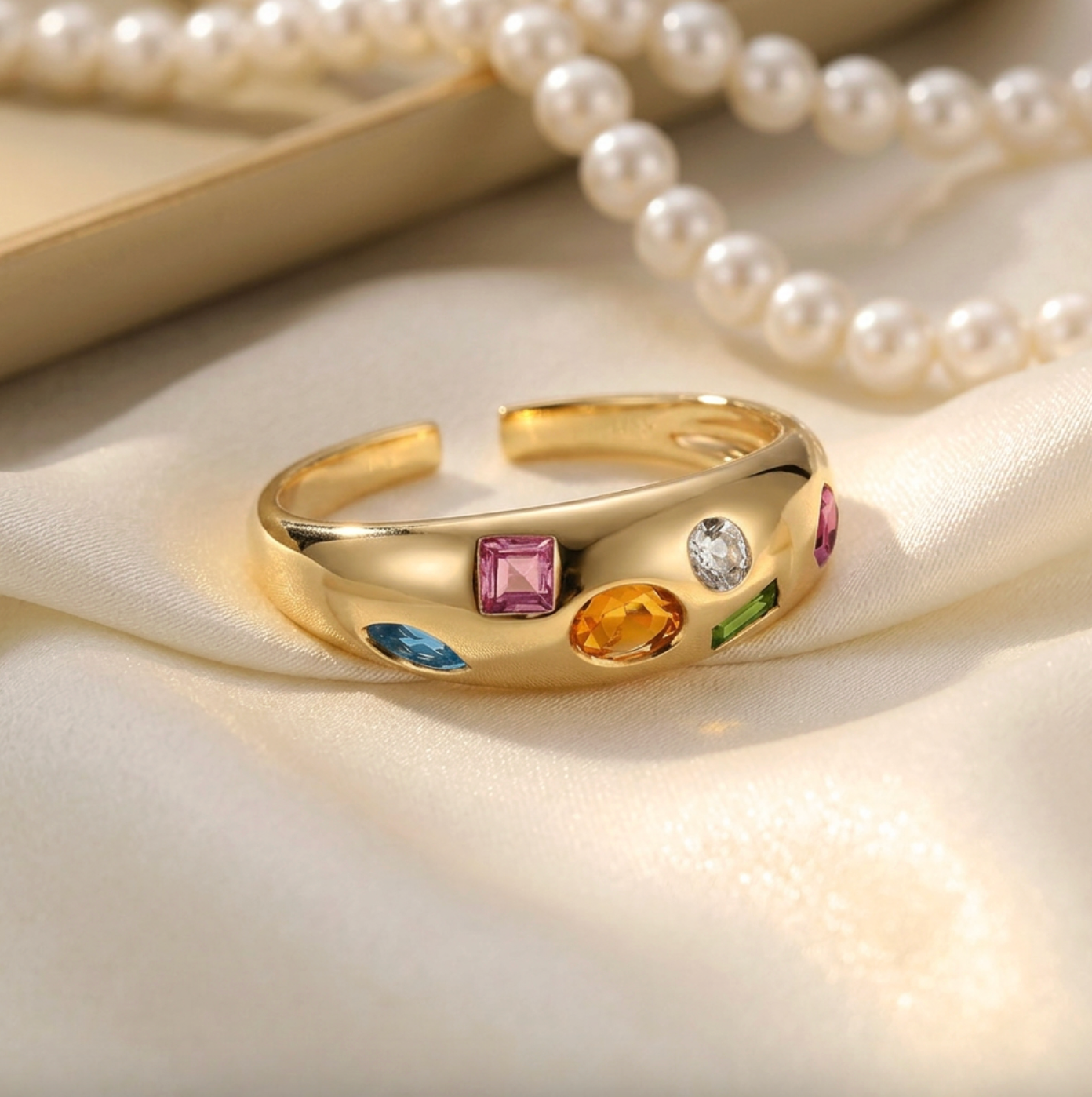 Brhyxa 18K Gold-Plated 925 Sterling Silver Colorful Stone Chunky Ring
